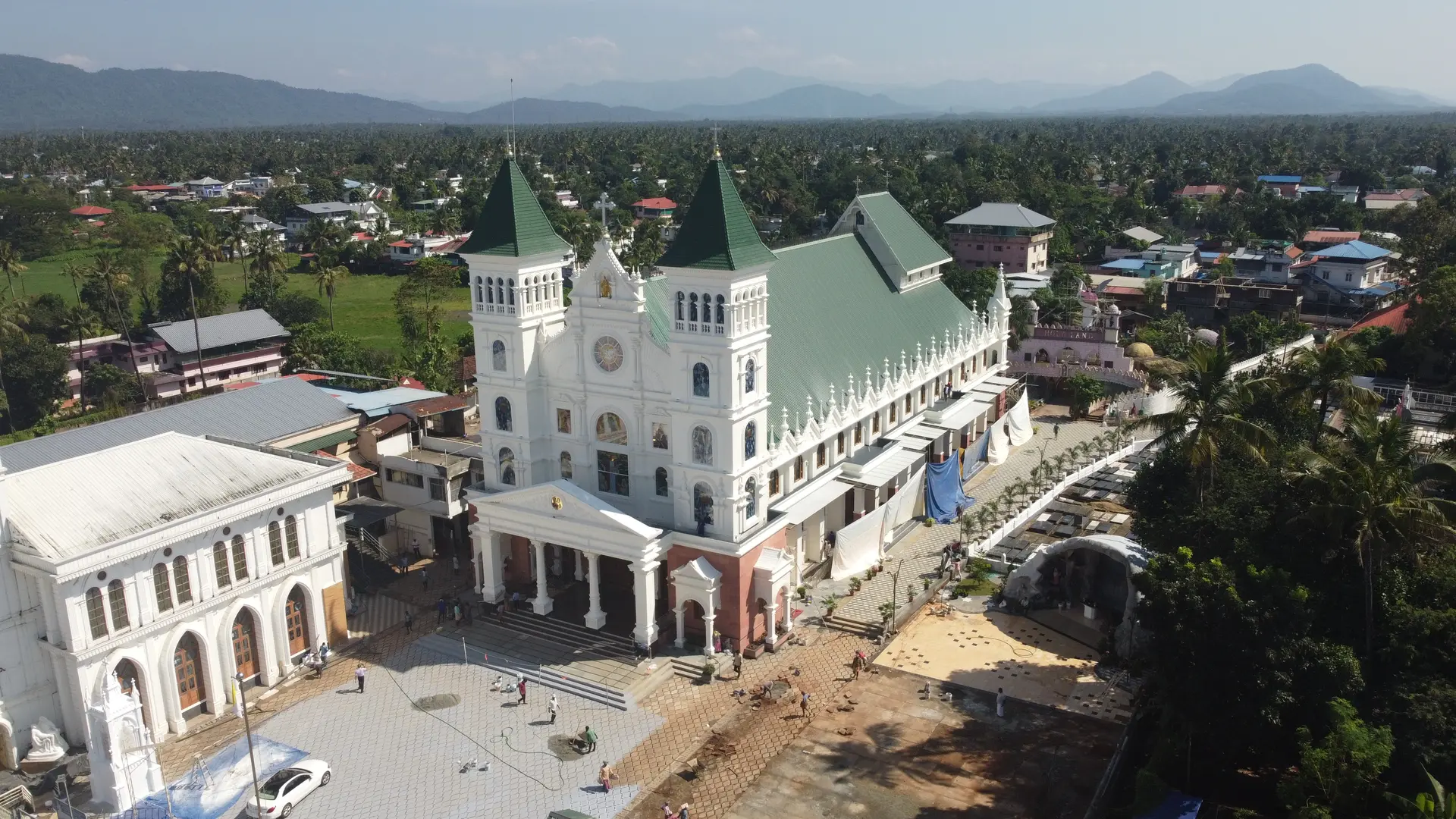 Aerial view of St. Mary's Forane Church, Chalakudy, with its gothic belfry